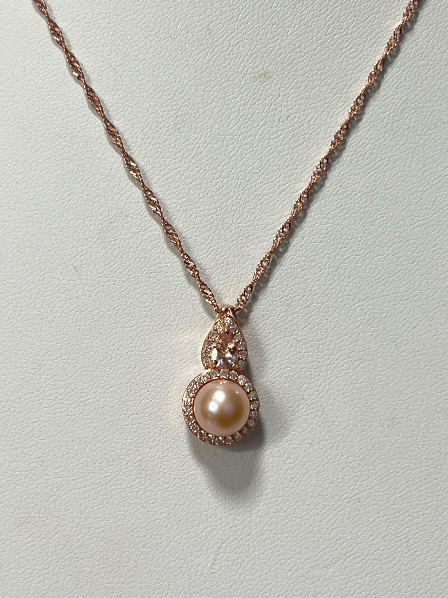 Rose Over Sterling Silver 925 Morganite White Zircon Pearl Pendant Chain Necklac
