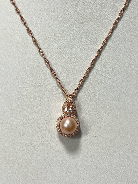 Rose Over Sterling Silver 925 Morganite White Zircon Pearl Pendant Chain Necklac