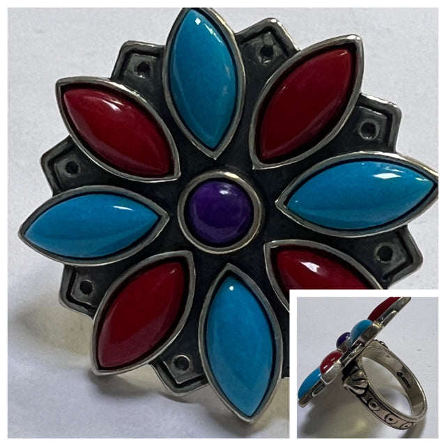 Carolyn Pollack Veronica Dine Sterling Silver Turquoise Red Coral Ring