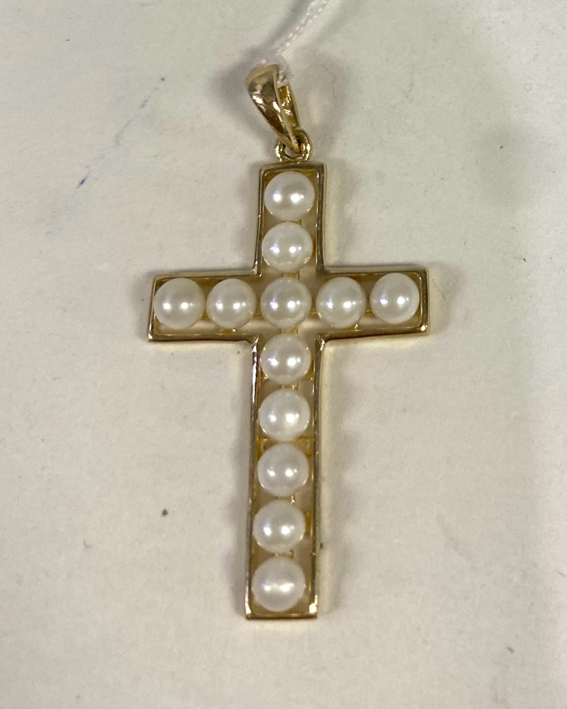 14k Yellow Gold Cross Pearl Pendant 1.3" x .69"