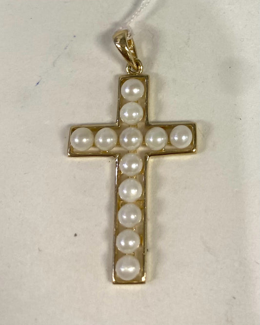 14k Yellow Gold Cross Pearl Pendant 1.3" x .69"