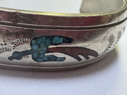 Navajo Bracelet Silver Inlaid Turquoise Cuff Signed NAKAI C.80's Peyote Birds