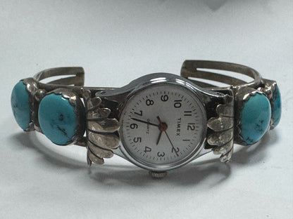 Sterling Silver Turquoise Timex Cuff Watch w/ New Battery