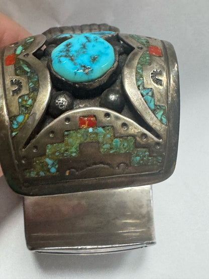 William Singer Sterling Silver 2" Wide Coral & Turquoise Inlaid Watch Cuff 132g