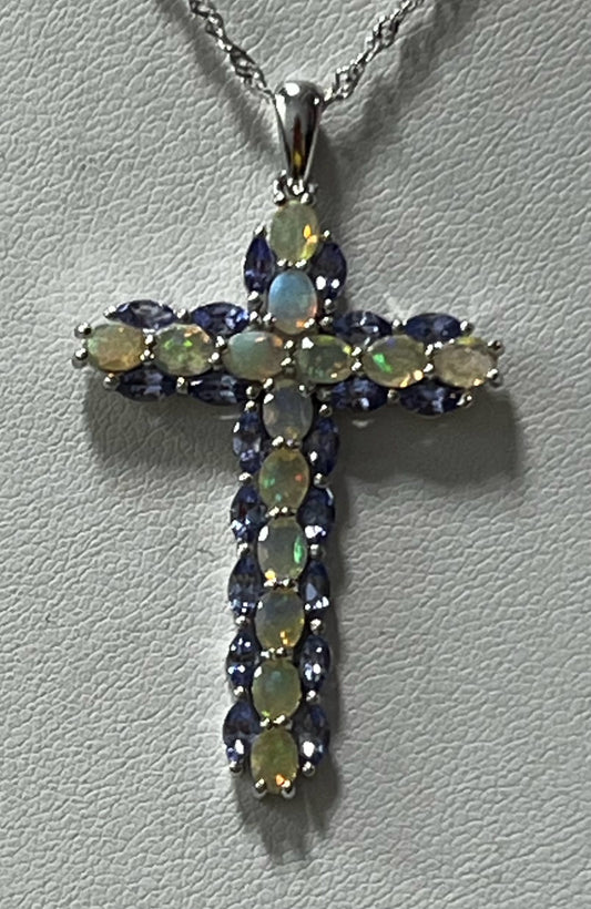 Sterling Silver Opal & Tanzanite Pendant & Necklace Chain New JTV