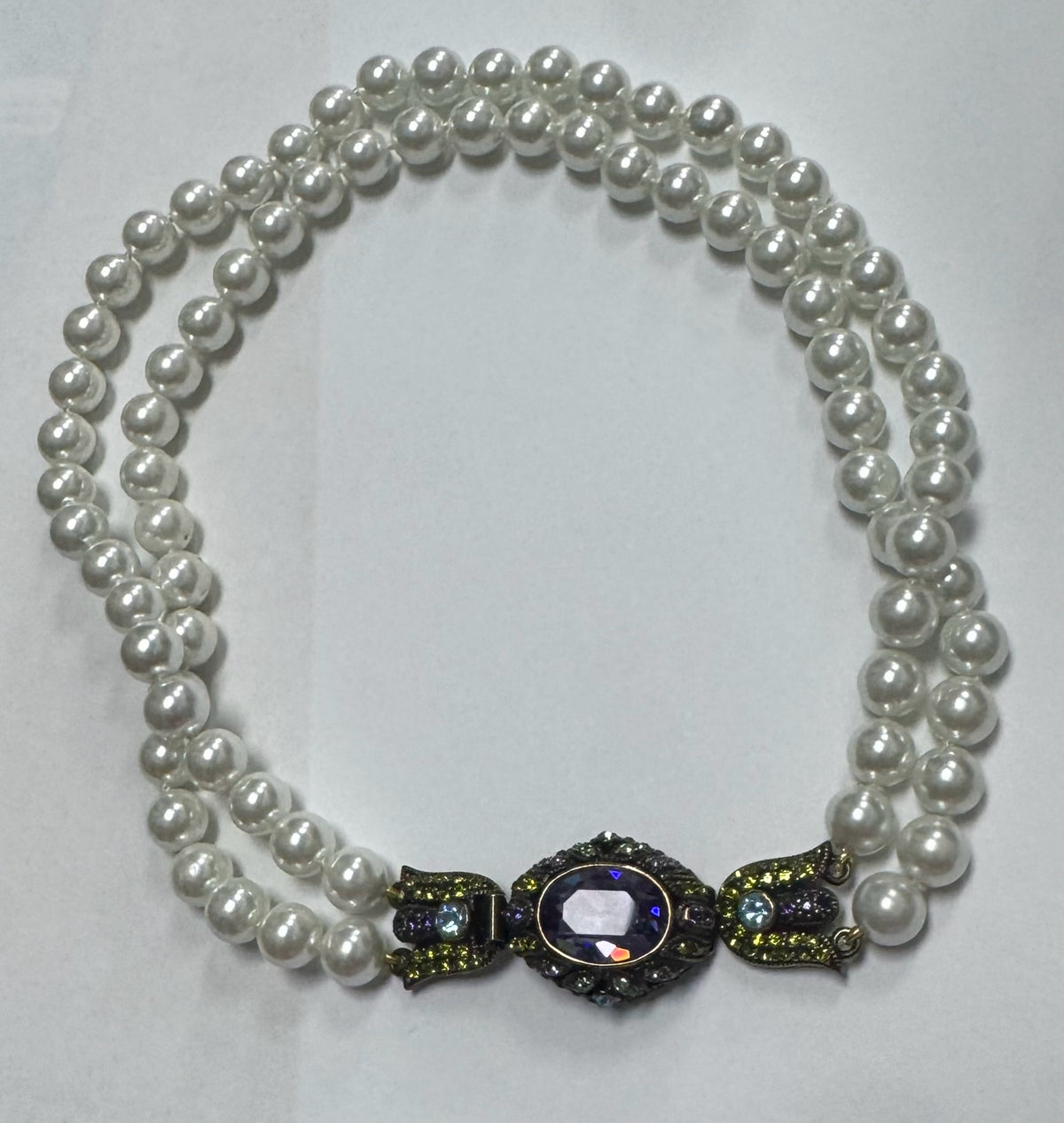 Heidi Daus 18" Necklace Double Faux Pearl Strand Purple Green Stones