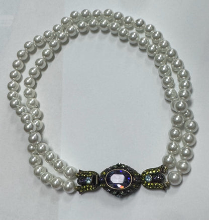 Heidi Daus 18" Necklace Double Faux Pearl Strand Purple Green Stones