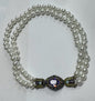 Heidi Daus 18" Necklace Double Faux Pearl Strand Purple Green Stones