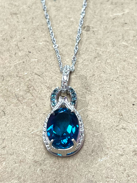 Sterling Silver Blue & White Topaz Pendant & Chain New JTV
