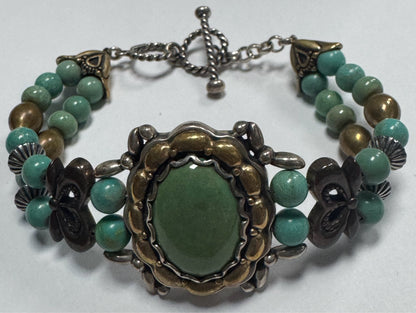 Carolyn Pollock Sterling Silver & Brass Green Turquoise Bracelet 7.5" - 8"