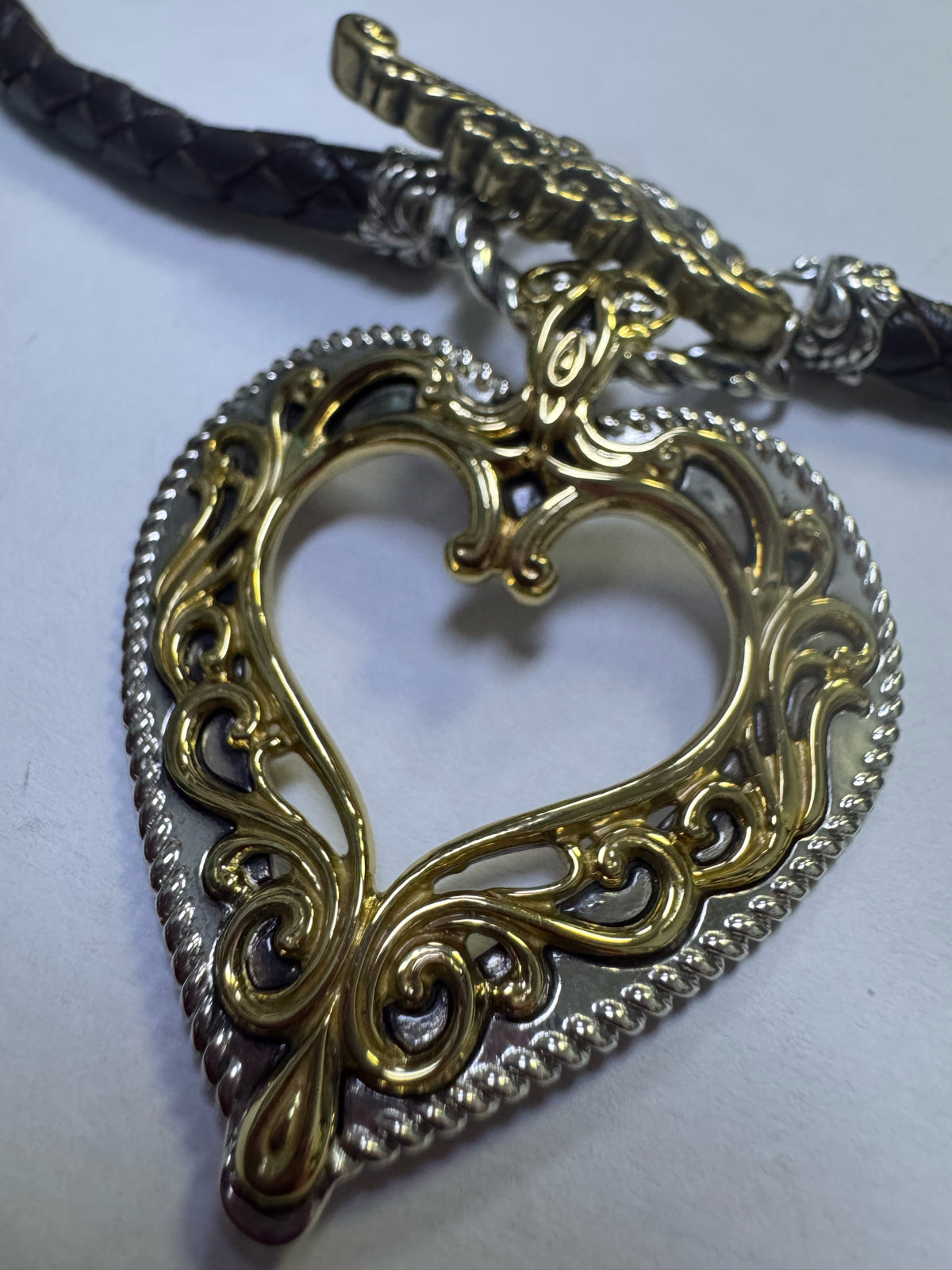 Carolyn Pollack Sterling Silver Brass Heart Pendant  Enhance Leather Necklace