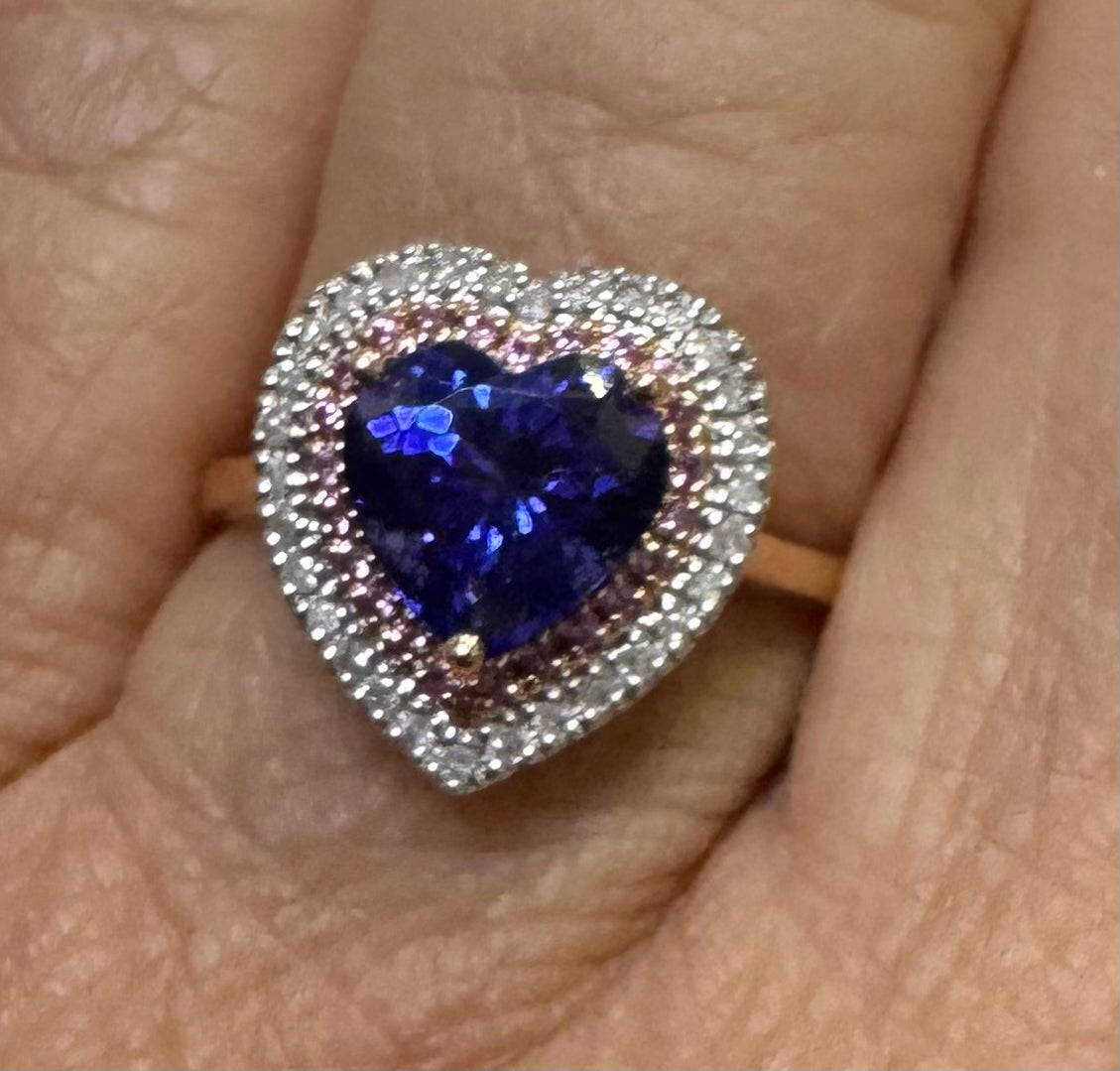 New 14k Rose Gold Ring Lab Created Tanzanite Heart  Double Halo SZ 8 JTV