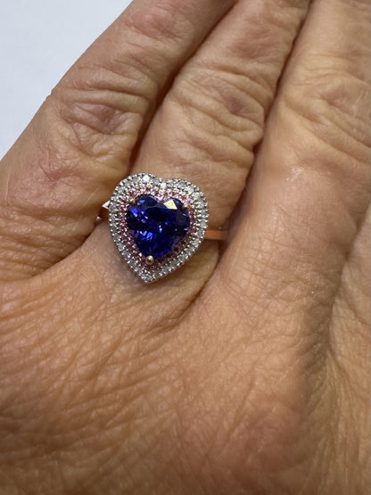 New 14k Rose Gold Ring Lab Created Tanzanite Heart  Double Halo SZ 8 JTV