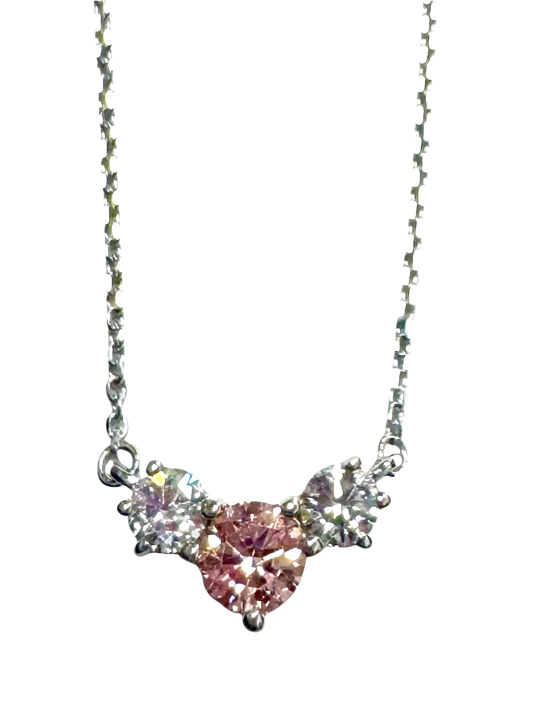 14k White Gold Lab Created Pink & White Diamond Necklace Adj