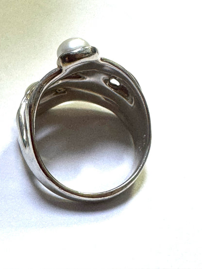 Designer HG Hagit Gorali Israel Sterling Silver & Pearl Modernist Ring Size 8