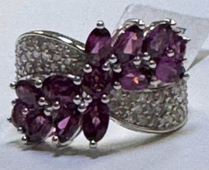 14k White Gold Marquise Rhodolite Grape Garnet Dimaond Ring Size 8