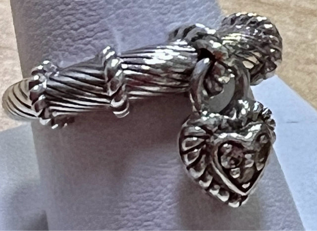 Judith Ripka Sterling Silver Diamonique Dangle Heart Charm Cable Ring Size 7.75