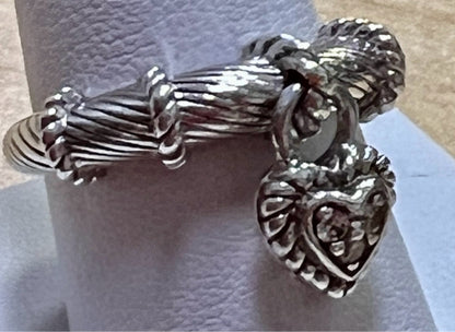 Judith Ripka Sterling Silver Diamonique Dangle Heart Charm Cable Ring Size 7.75