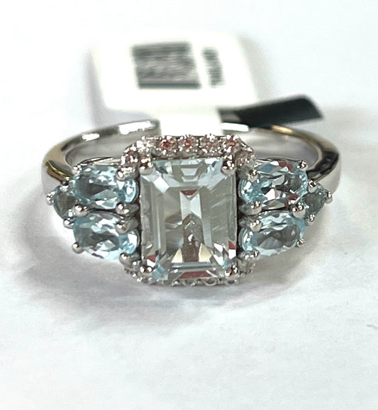 Sterling Silver Aquamarine White Zircon Ring New w/ Tags Size 8 JTV