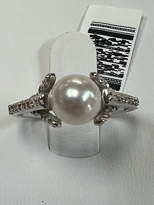 Sterling Silver Pearl & Diamond Ring Size 8 New w/ Tags JTV
