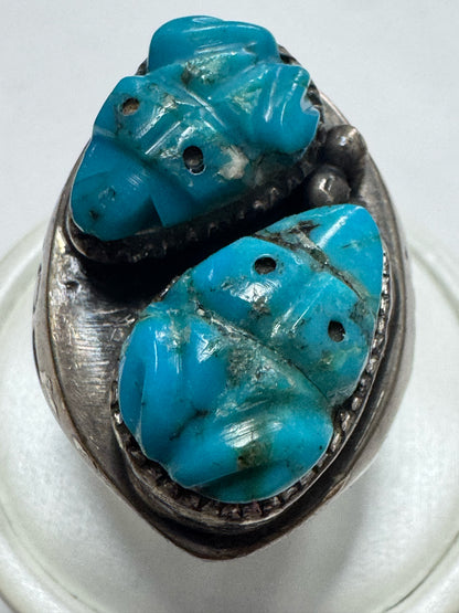 Native American Sterling Silver Ring Heavy Massive 37g Carve Turquoise Size 12.5