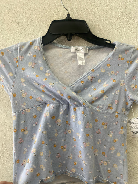 Blue Floral Print White Fawn Short Sleeve Shirt Women's