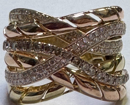 Effy 14k Yellow & Rose Gold Diamond Ring Criss Cross Wide Band Size 7
