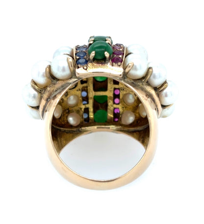 Art Deco 14ky Bombe Pearl Jade Ruby Sapphire Cluster Vintage Ring Size 7