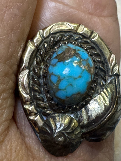 Gold Filled Native American Turquoise Ring Signed T.B. Size 7.5 Leaves