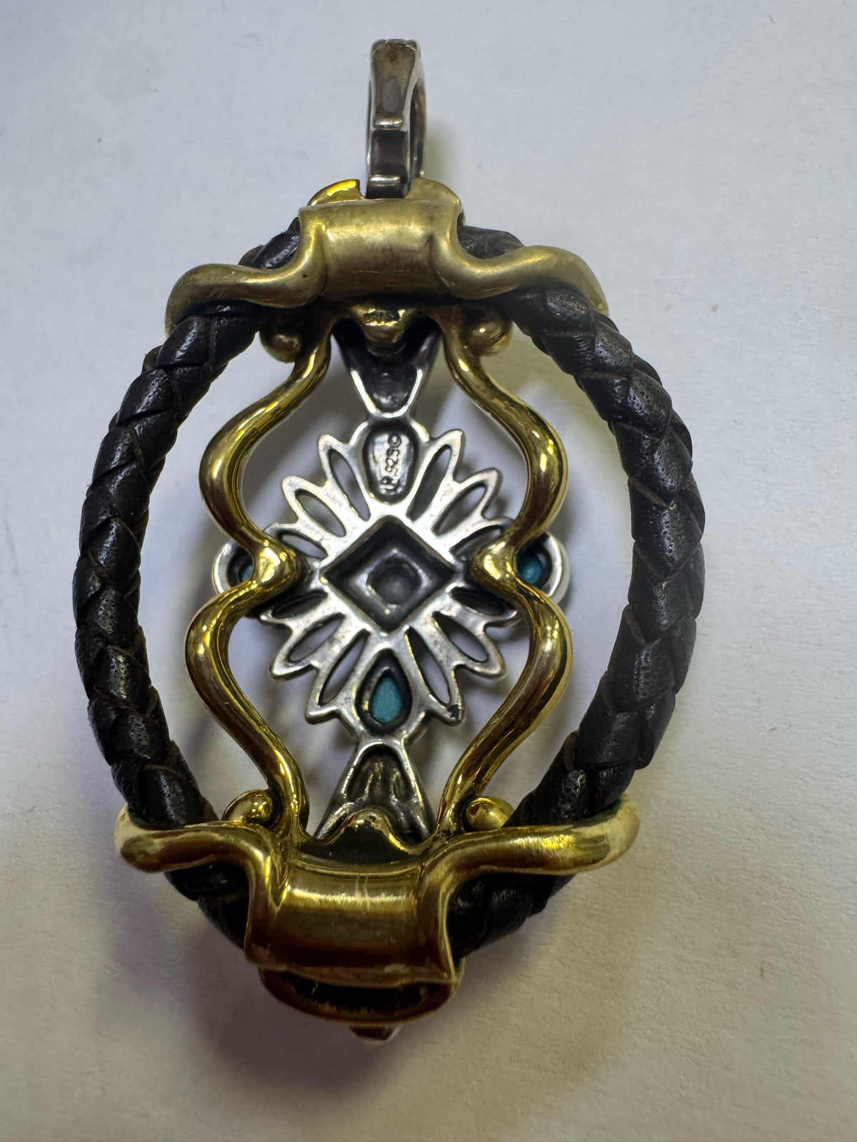 Carolyn Pollack Sterling Silver &  Brass Turquoise Enhancer Pendant 2.75" x 1.5"