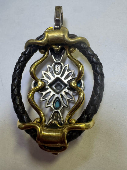 Carolyn Pollack Sterling Silver &  Brass Turquoise Enhancer Pendant 2.75" x 1.5"