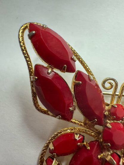 Juliana Rare Vintage Red Milk Glass Marquise Butterfly Brooch Pin Figural