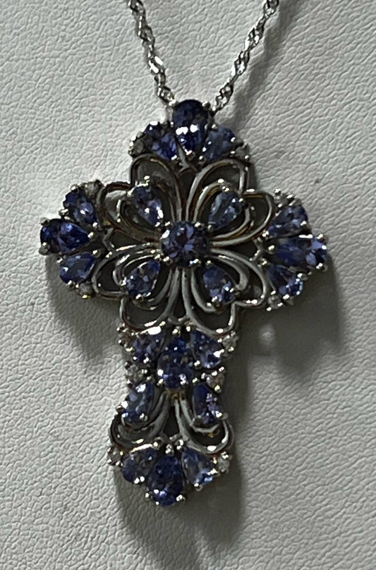 Sterling Silver Tanzanite & Amethyst Cross Pendant & Necklace Chain JTV New