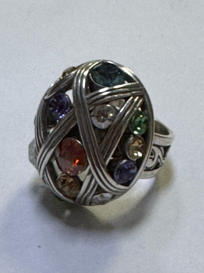 Brighton Grateful Heart Multicolor Rhinestones Silver Tone Ring Size 7