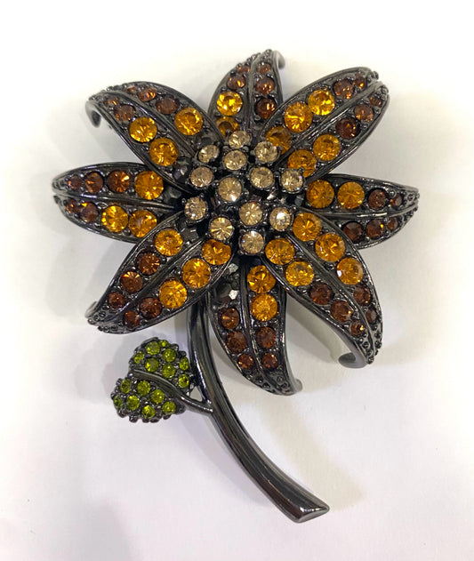 Large Joan Rivers Topaz Rhinestone Lily Brooch Gun Metal Flower Brooch Pin 3.4"