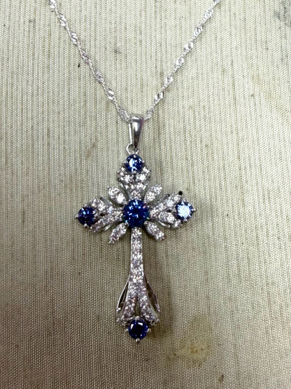 Sterling Silver Blue White CZ Necklace Cross New JTV