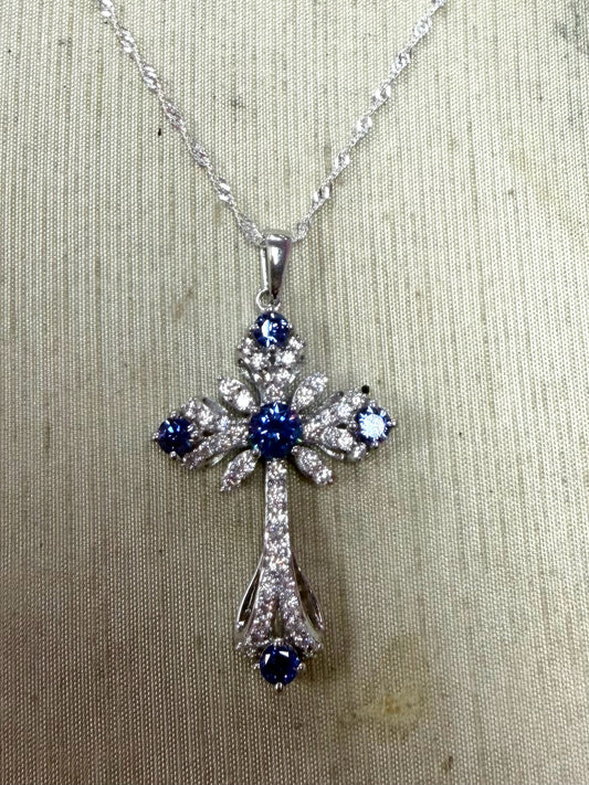 Sterling Silver Blue White CZ Necklace Cross New JTV