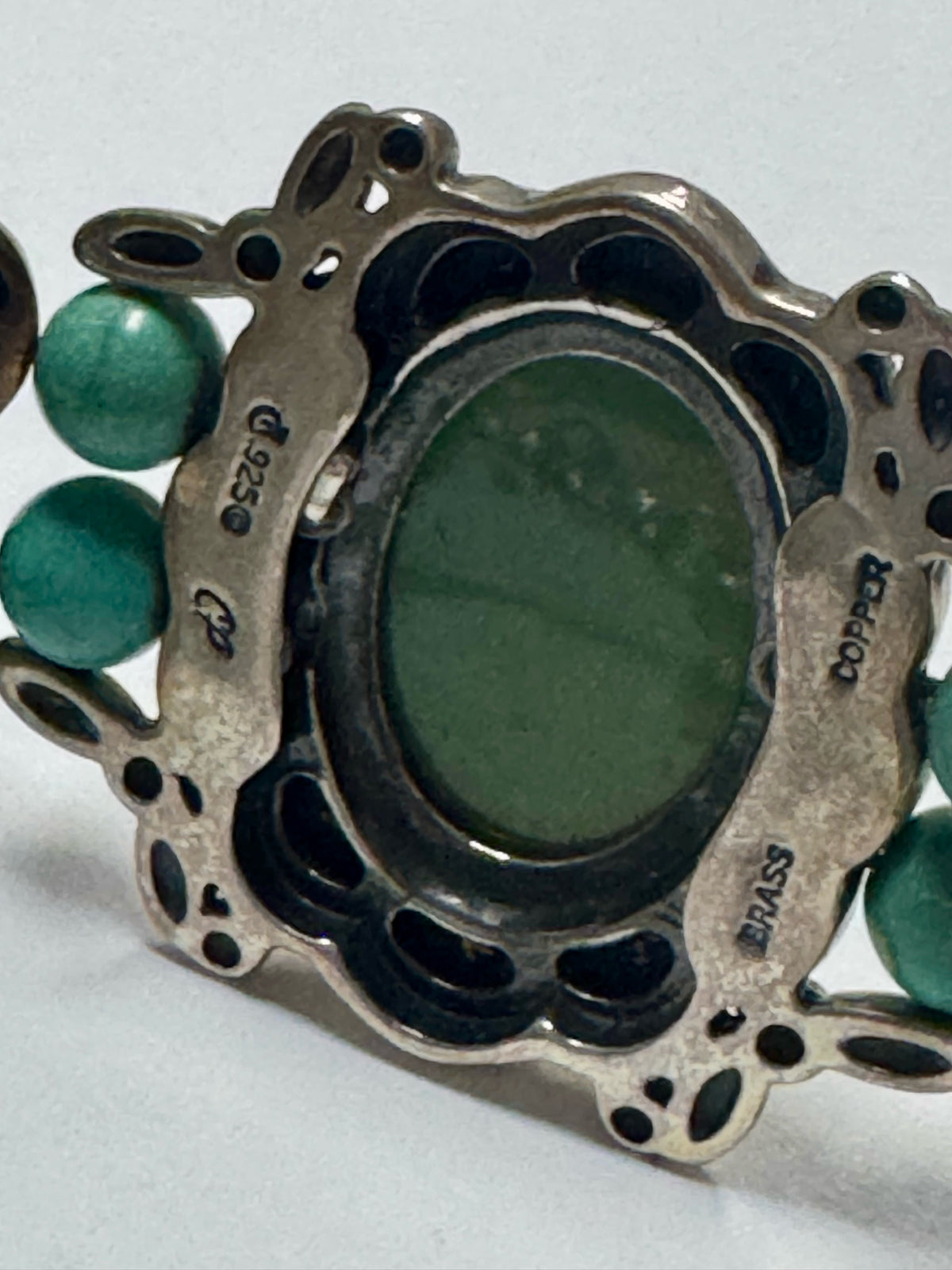 Carolyn Pollock Sterling Silver & Brass Green Turquoise Bracelet 7.5" - 8"