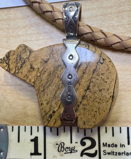Carolyn Pollack Relios Sterling Silver Braid  Necklace Brown Jasper Bear Pendant