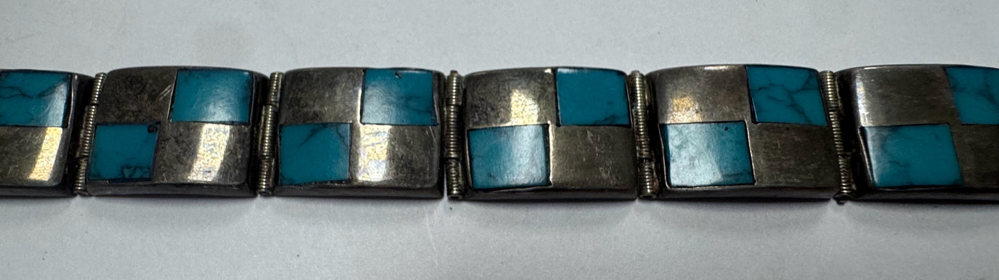 Fred Guerro Sterling Silver Turquoise Inlaid 7" Bracelet Native American Navajo