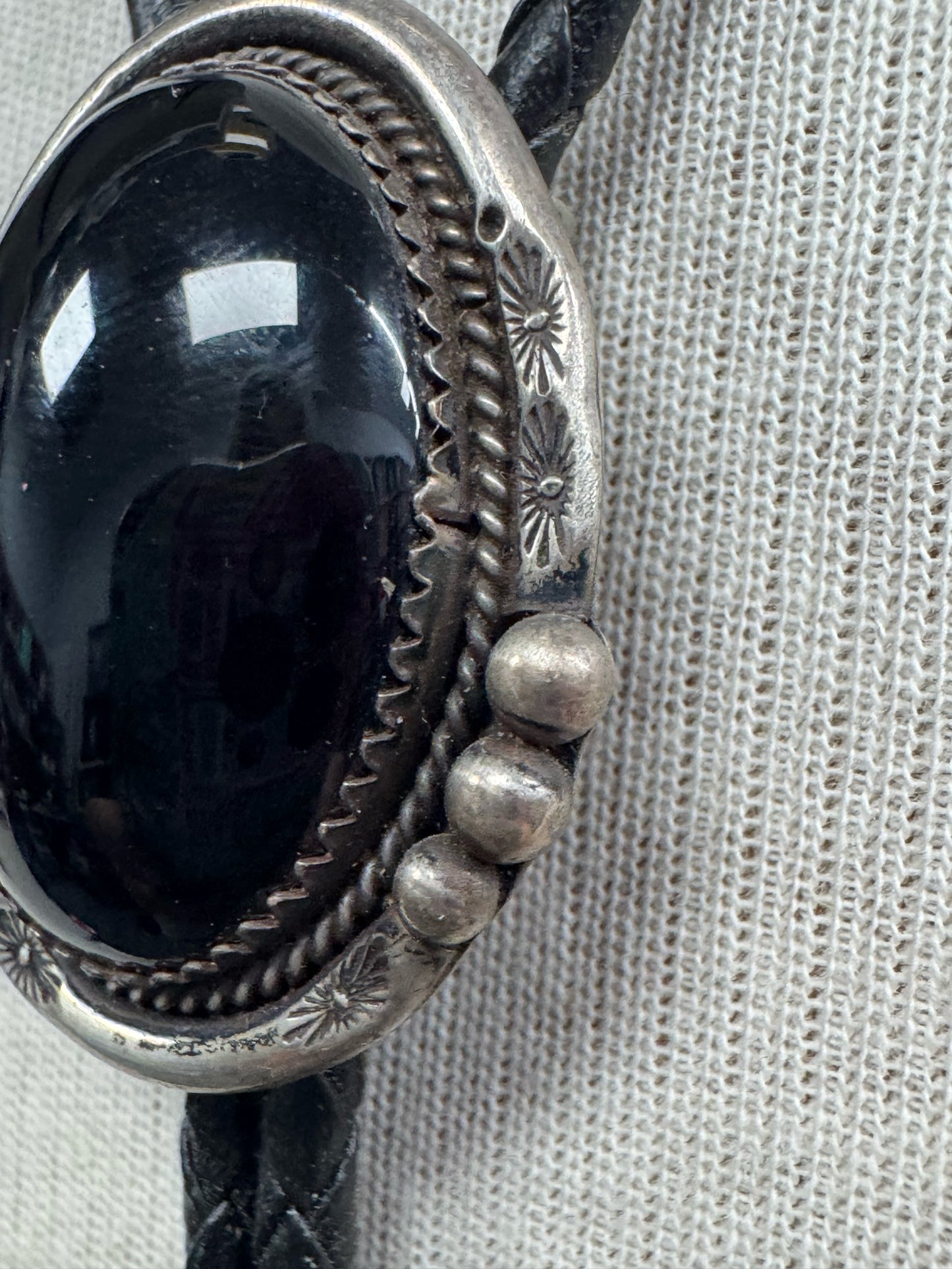 Sterling Silver Onyx Navajo Vintage Native American 1.5" x 1.25" Bolo Tie