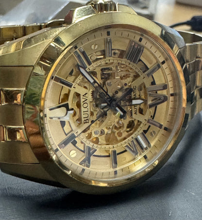 Bulova Sutton Automatic 97A162 Skeleton Dial Gold Tone Men's Watch