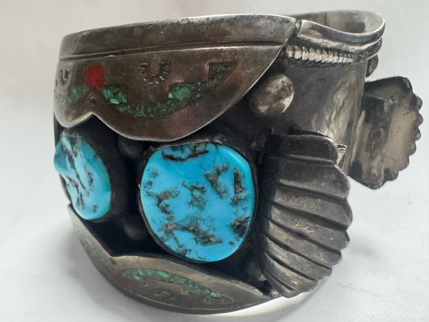 William Singer Sterling Silver 2" Wide Coral & Turquoise Inlaid Watch Cuff 132g