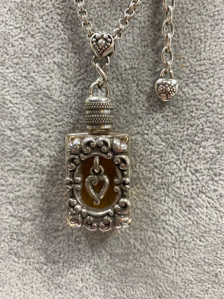 Brighton Glass Perfume Bottle Pendant Silver Heart Scroll Vintage