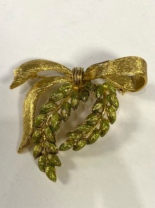 Joan Rivers Goldtone Bow Ribbon Pin Brooch Green Leaves 2" x 1.80"