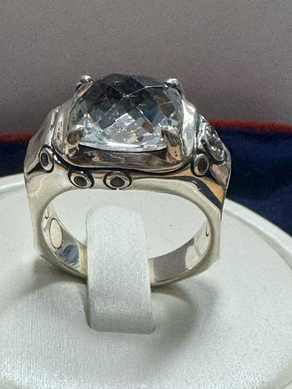 John Hardy Sterling Silver White Topaz Cushion Cut Bamboo Batu Ring Size 7