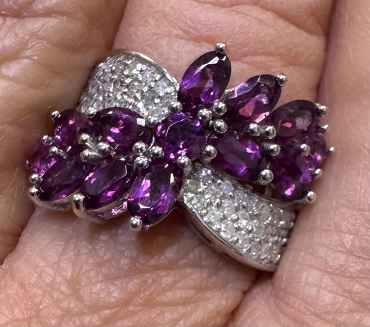 14k White Gold Marquise Rhodolite Grape Garnet Dimaond Ring Size 8