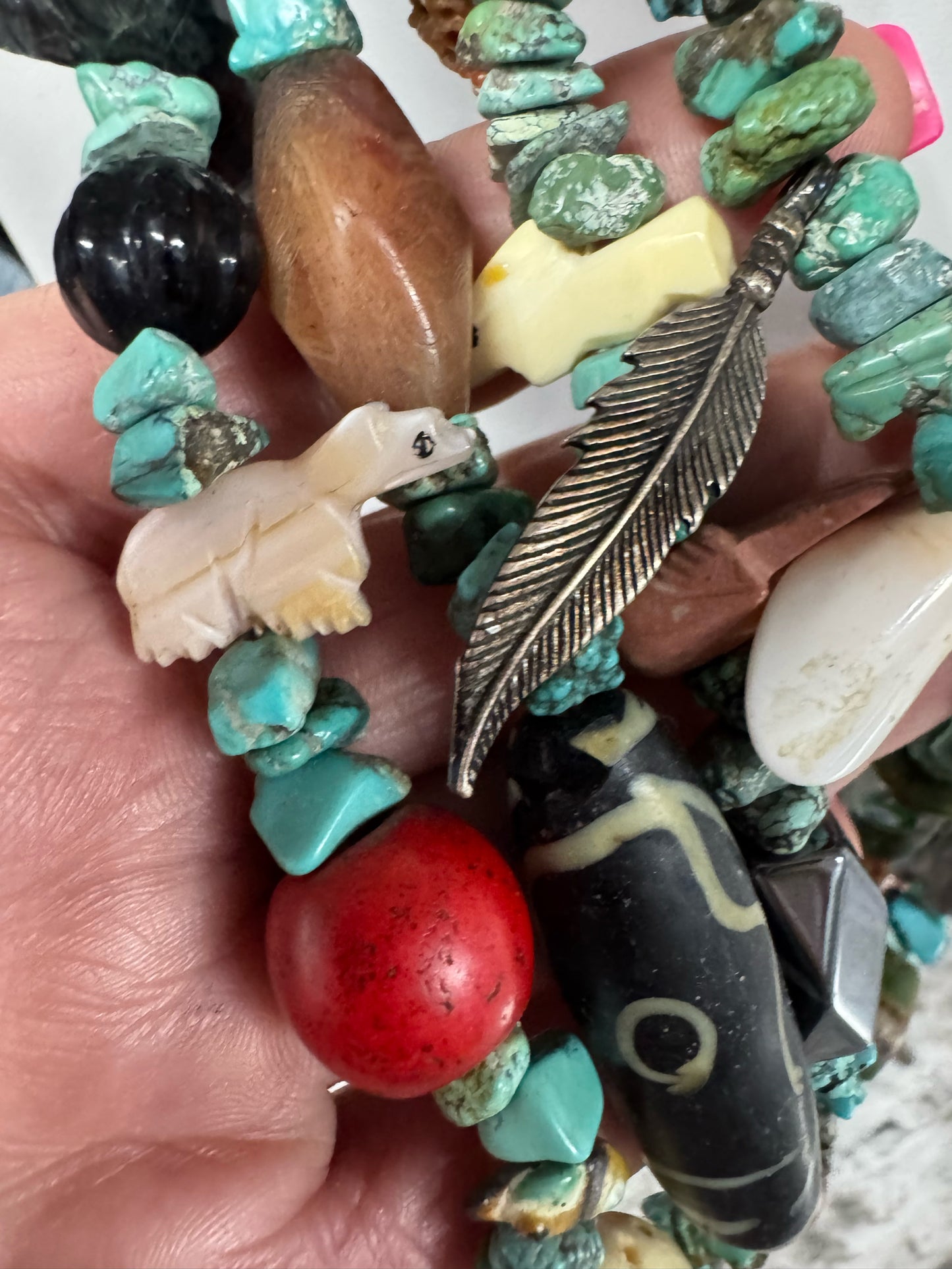 Vintage Native American Sterling Silver 4 Strand Heavy 28-32" Turquoise Necklace