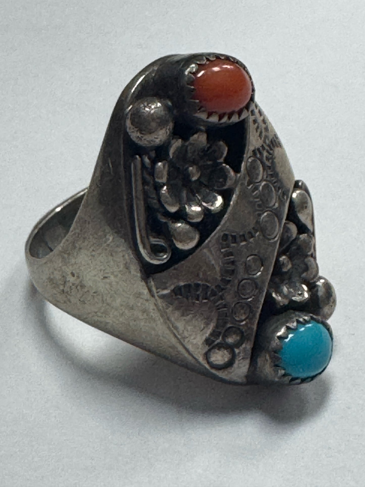 Native American Sterling Silver Ring B Arrow Navajo Turquoise Coral SZ 10.75