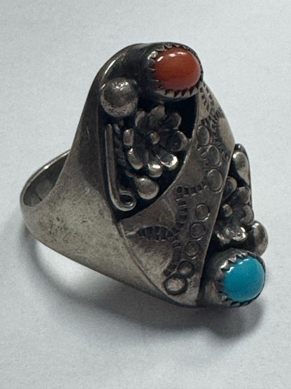 Native American Sterling Silver Ring B Arrow Navajo Turquoise Coral SZ 10.75